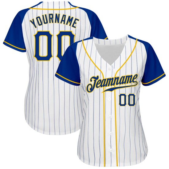 Nadelstreifenärmel Jersey Weiß Royal-Gold Authentic Baseball Raglan Royal Custom Nadelstreifenärmel Jersey Weiß Royal-Gold Authentic Baseball Raglan Royal Custom