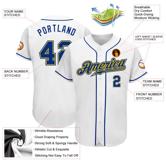 Royal-Gold Authentic White Custom Baseball-Trikot Royal-Gold Authentic White Custom Baseball-Trikot