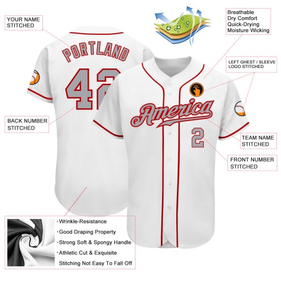 Jersey Weiß Baseball Authentic Grau-Rot Custom Jersey Weiß Baseball Authentic Grau-Rot Custom