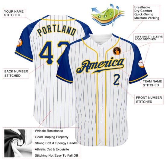 Nadelstreifenärmel Jersey Weiß Royal-Gold Authentic Baseball Raglan Royal Custom Nadelstreifenärmel Jersey Weiß Royal-Gold Authentic Baseball Raglan Royal Custom