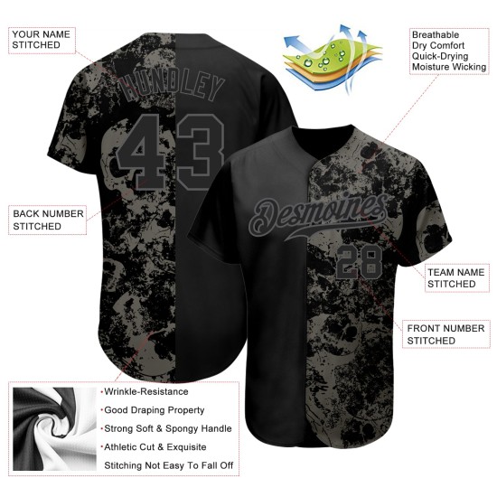 Grau Schwarz Stahl 3D Schädel Jersey Authentische Custom Baseball Mode Grau Schwarz Stahl 3D Schädel Jersey Authentische Custom Baseball Mode