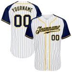 Weiße Raglan-Baseballärmel Authentic Pinstripe Navy Custom Jersey Navy-Gold Weiße Raglan-Baseballärmel Authentic Pinstripe Navy Custom Jersey Navy-Gold